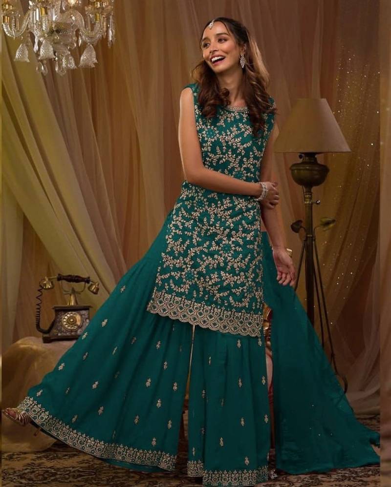 T green georgette semi stitched suit with embroidery & sequence work