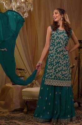 T green georgette suit with embroidered sequin  2