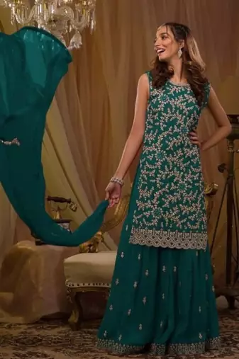 T green georgette semi stitched suit with embroidery & sequence work