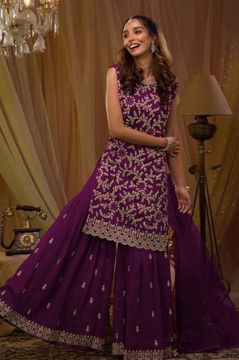 Purple georgette semi stitched suit with embroidery & sequence work