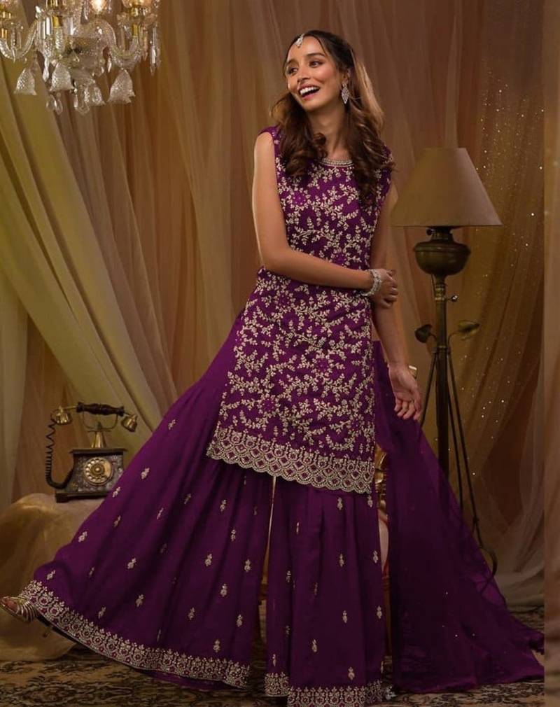 Purple georgette semi stitched suit with embroidery & sequence work