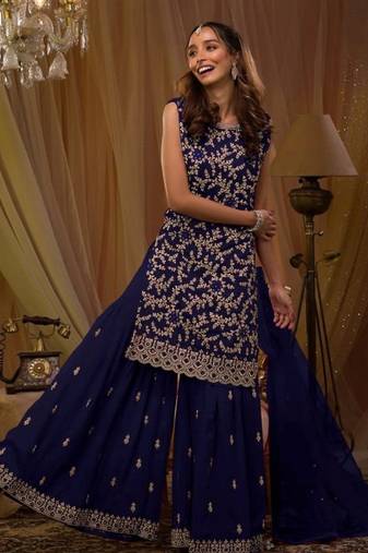 Violet georgette semi stitched suit with embroidery & sequence work