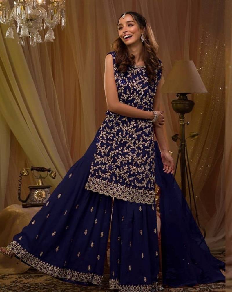Violet georgette semi stitched suit with embroidery & sequence work