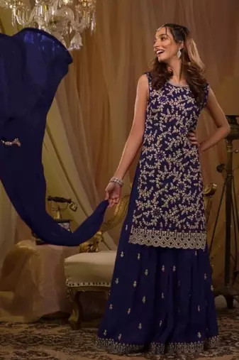 Violet georgette semi stitched suit with embroidery & sequence work