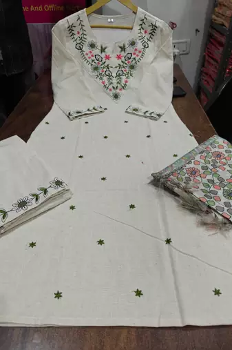 Off-White Floral Embroidered Kurti Set with Printed Dupatta