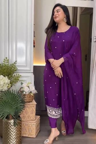 Purple embroidered viscose chinnon silk stitched kurti pant dupatta set