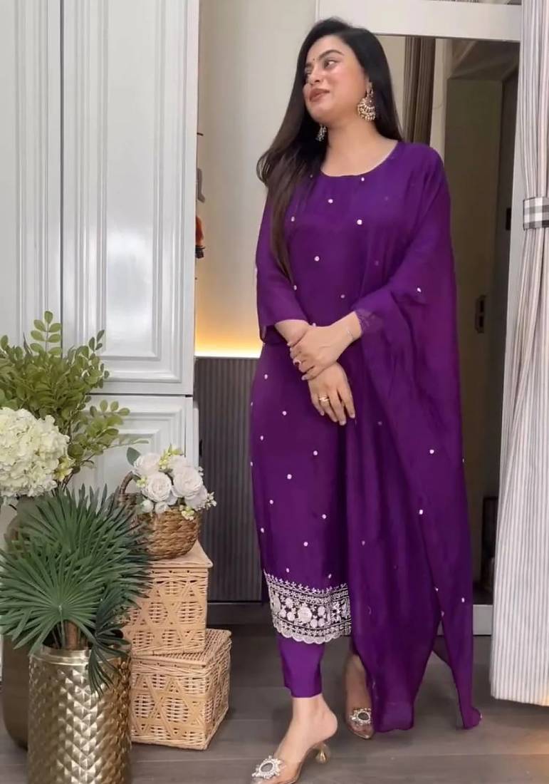 Purple embroidered viscose chinnon silk stitched kurti pant dupatta set