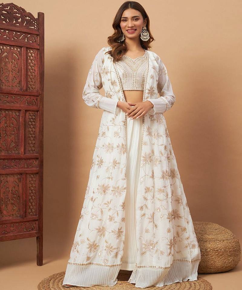 Embroidered Floor Length Lehenga &  Choli With Jacket Set