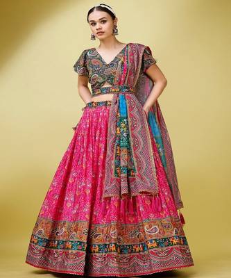 Ethnic Motifs Printed Silk Semi Stitched Lehenga & Unstitched Blouse With Dupatta 1