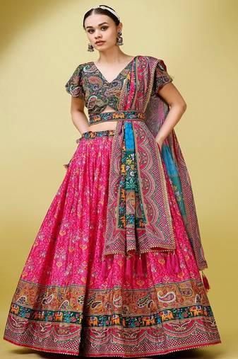 Ethnic Motifs Printed Silk Semi Stitched Lehenga & Unstitched Blouse With Dupatta