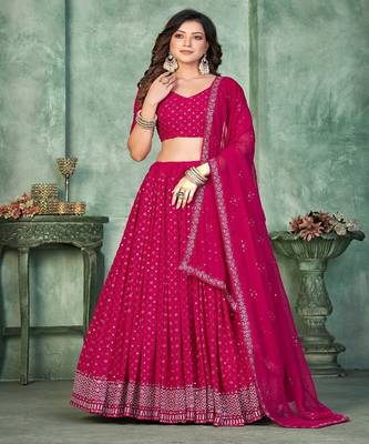 Embroidered Sequinned Georgette Semi Stitched Lehenga & Blouse With Dupatta 2
