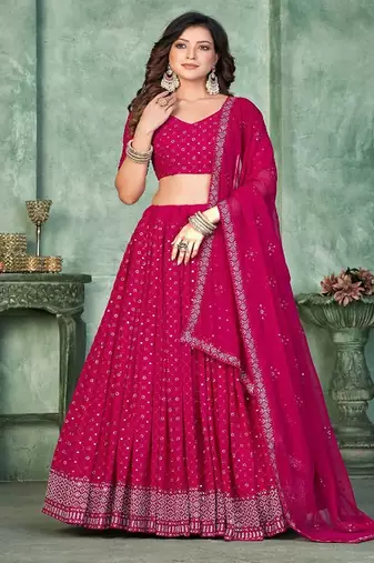 Embroidered Sequinned Georgette Semi Stitched Lehenga & Blouse With Dupatta