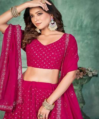 Embroidered Sequinned Georgette Semi Stitched Lehenga & Blouse With Dupatta 3