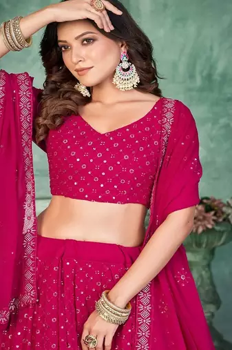 Embroidered Sequinned Georgette Semi Stitched Lehenga & Blouse With Dupatta