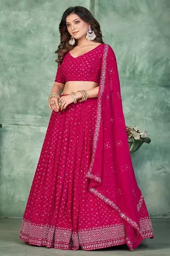 Embroidered Sequinned Georgette Semi Stitched Lehenga & Blouse With Dupatta