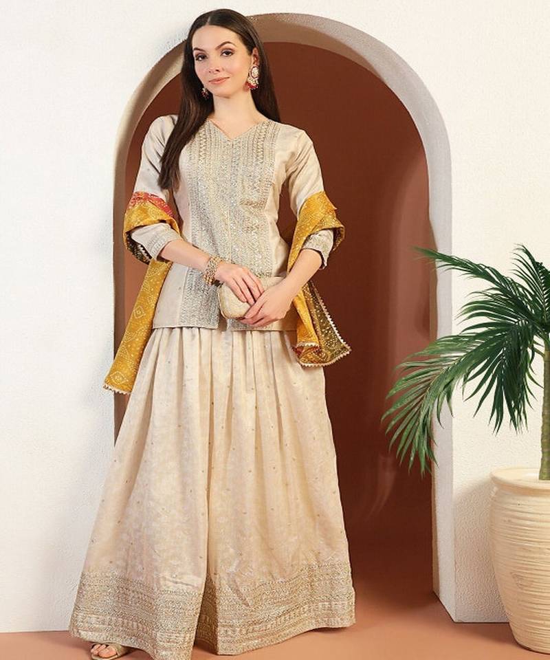 Banarasi Embroidery & Bandhani Art Silk Lehenga With Choli & Dupatta