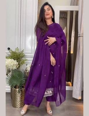 Purple embroidered viscose chinnon silk stitched kurti pant dupatta set 2