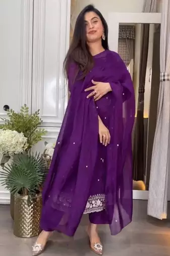 Purple embroidered viscose chinnon silk stitched kurti pant dupatta set
