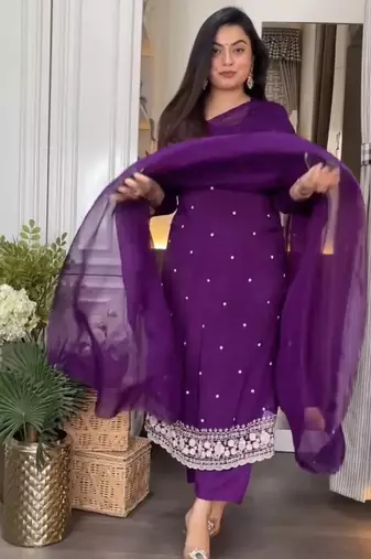 Purple embroidered viscose chinnon silk stitched kurti pant dupatta set