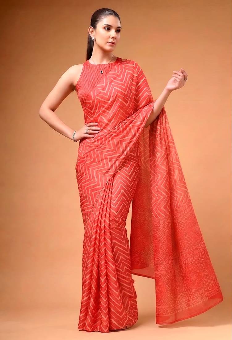 Crimson silky elegance satin silk printed saree
