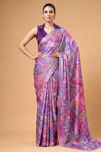 Lavender silky elegance satin silk printed saree
