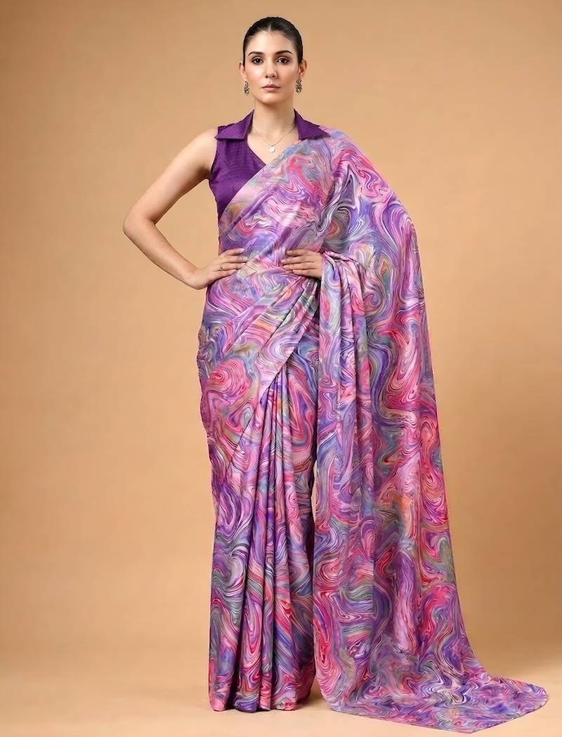 Lavender silky elegance satin silk printed saree