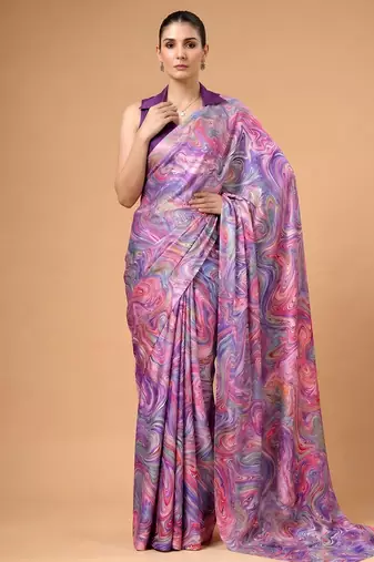 Lavender silky elegance satin silk printed saree