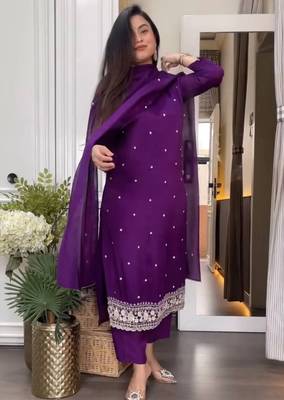 Purple embroidered viscose chinnon silk stitched kurti pant dupatta set 4