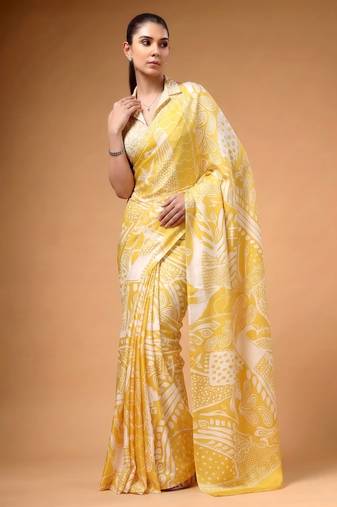 Yellow silky elegance satin silk printed saree