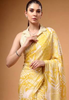 Yellow silky elegance satin silk printed saree 2