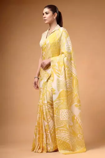 Yellow silky elegance satin silk printed saree