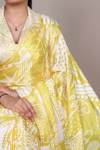 Yellow silky elegance satin silk printed saree