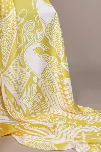 Yellow silky elegance satin silk printed saree