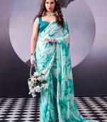 Firozi softness satin silk floral print with pearl lace border saree