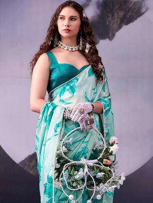 Firozi softness satin silk floral print with pearl lace border saree 2