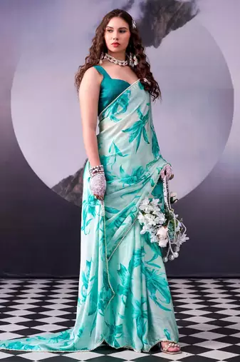 Firozi softness satin silk floral print with pearl lace border saree