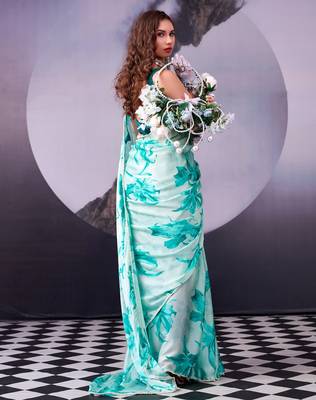 Firozi softness satin silk floral print with pearl lace border saree 4