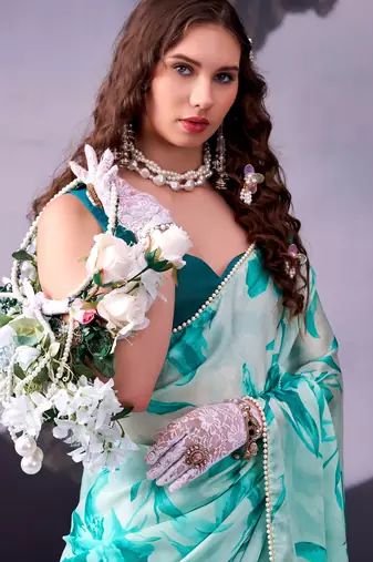 Firozi softness satin silk floral print with pearl lace border saree