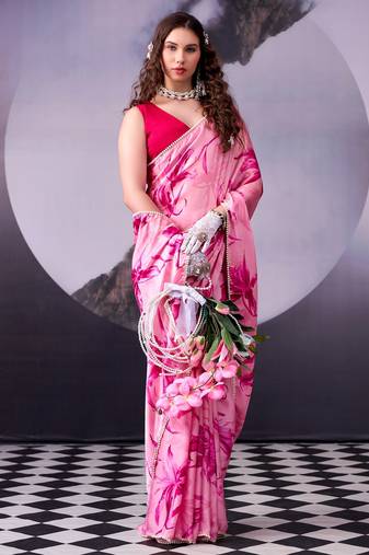 Pink softness satin silk floral print with pearl lace border saree