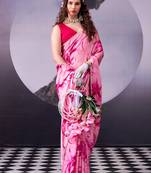 Pink softness satin silk floral print with pearl lace border saree