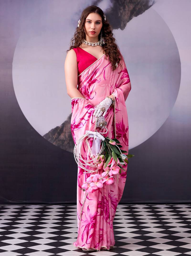 Pink softness satin silk floral print with pearl lace border saree