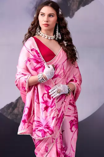 Pink softness satin silk floral print with pearl lace border saree