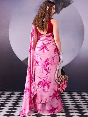 Pink softness satin silk floral print with pearl lace border saree 4