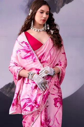 Pink softness satin silk floral print with pearl lace border saree