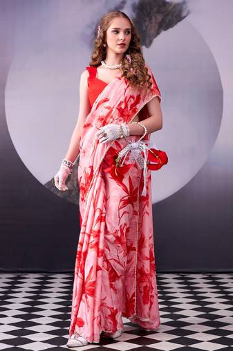 Red softness satin silk floral print with pearl lace border saree