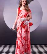 Red softness satin silk floral print with pearl lace border saree