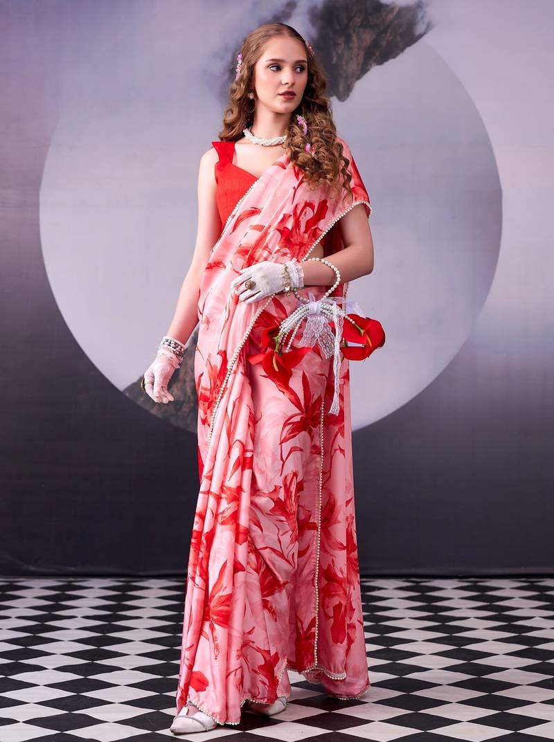 Red softness satin silk floral print with pearl lace border saree