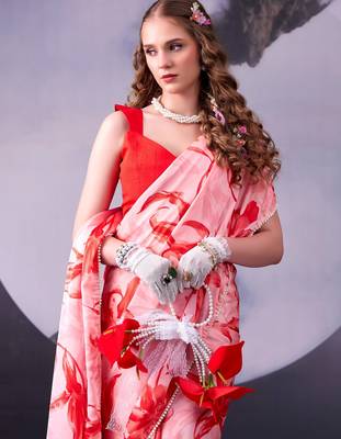 Red softness satin silk floral print with pearl lace border saree 2