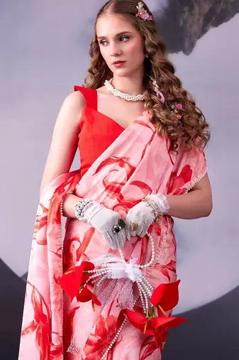 Red softness satin silk floral print with pearl lace border saree