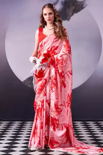 Red softness satin silk floral print with pearl lace border saree